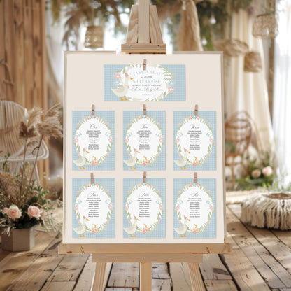 Blue Floral Silly Goose Seating Chart Cards Printable Template, Little Duck Theme Girl Birthday, Pastel Gingham Baby Shower Sprinkle WP1023