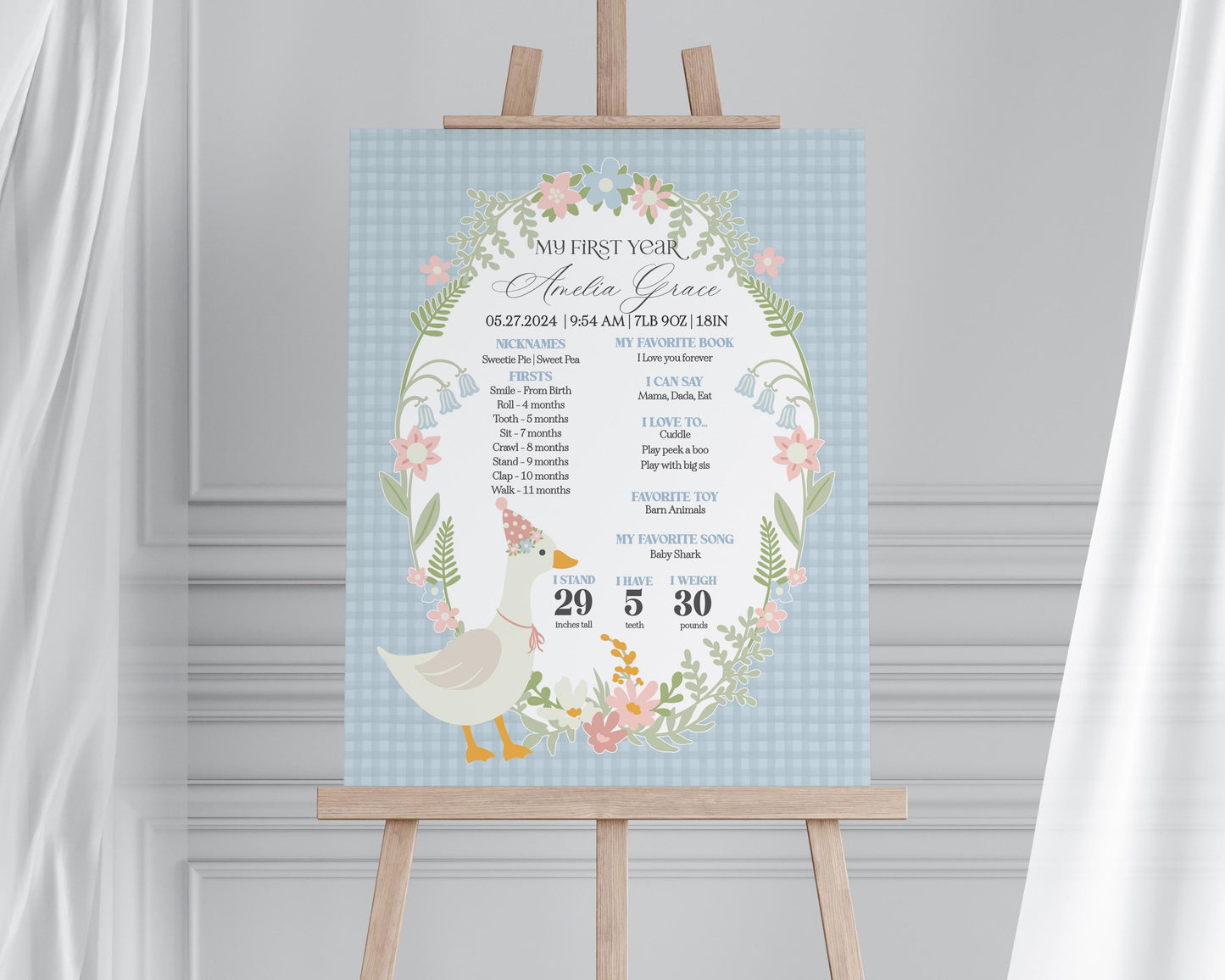 Blue Floral Silly Goose First Year Milestone Sign Printable Template, Little Duck Theme Birthday Girl, Pastel Gingham Birthday Party WP1023