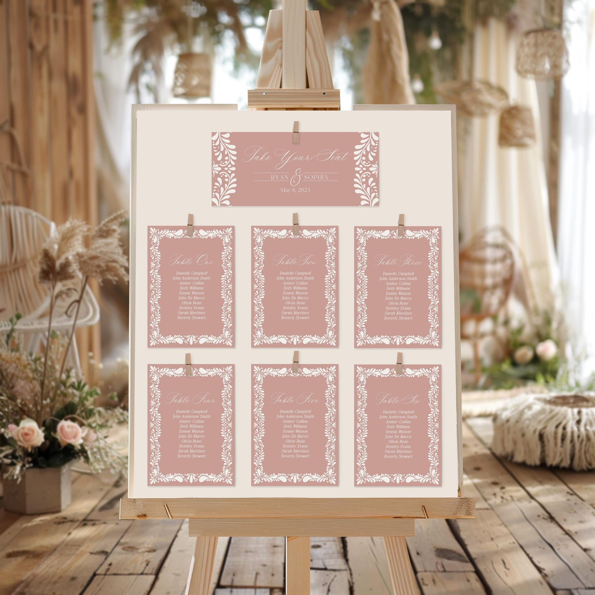 Pink Talavera Wedding Seating Chart Cards Printable Template, Spanish Tile Party, Mexican Baby Shower Fiesta Girl Bridal Shower Decor WP1017