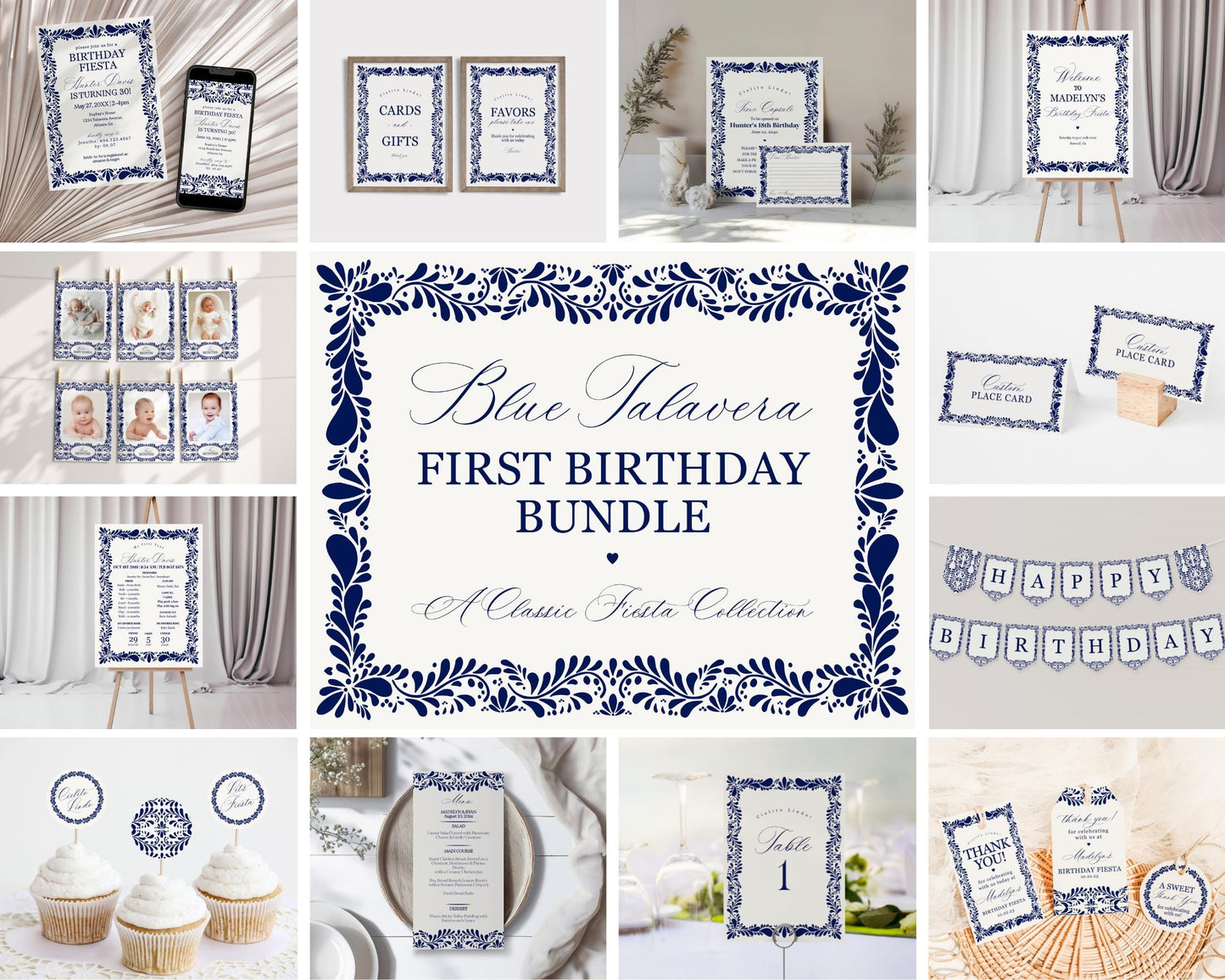 Blue Talavera First Birthday Bundle Printable Template, Spanish Tile Mexican 1st Birthday Fiesta, Papel Picado Birthday Party Decor WP1018