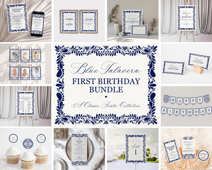 Blue Talavera First Birthday Bundle Printable Template, Spanish Tile Mexican 1st Birthday Fiesta, Papel Picado Birthday Party Decor WP1018