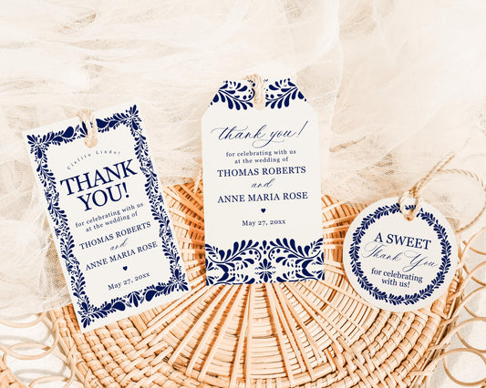 Blue Talavera Wedding Favor Tags Printable Template, Spanish Tile Mexican Couples Shower Fiesta, Papel Picado Bridal Brunch WP1018