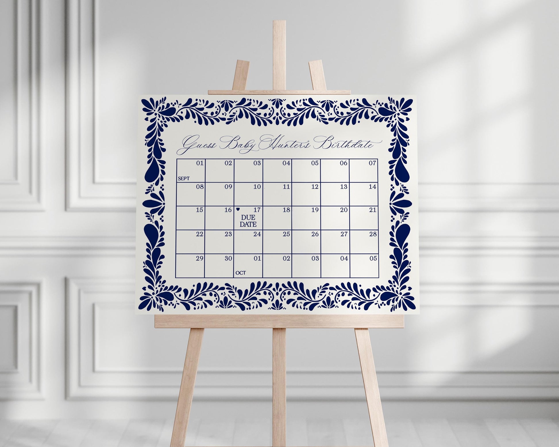 Blue Talavera Baby Shower Guess the Date Template, Spanish Tile Mexican Baby Shower Fiesta Gender Neutral Baby Sprinkle Cielito Lindo WP1018