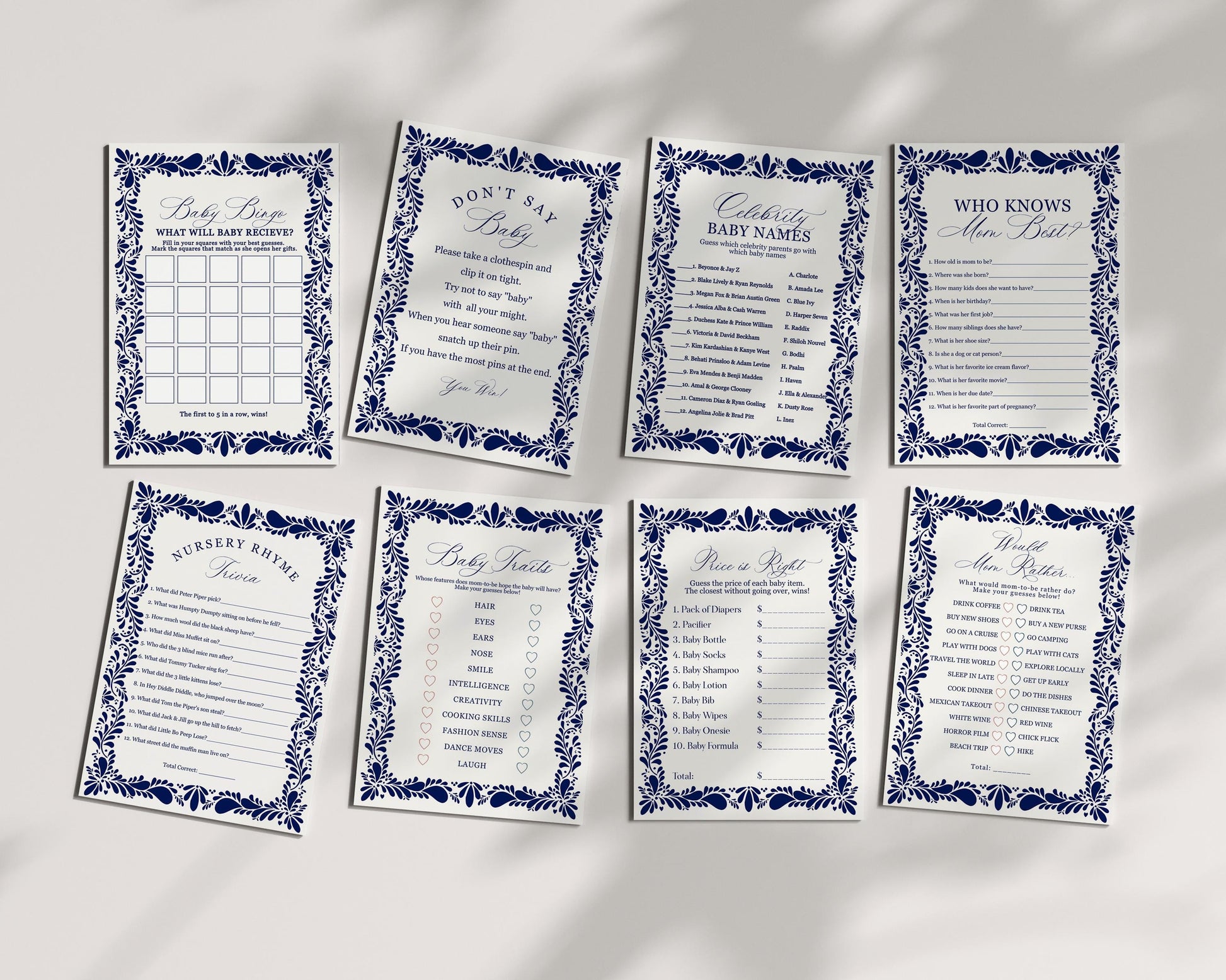 Blue Talavera Baby Shower Games Set Printable Template, Spanish Tile Mexican Shower Fiesta Gender Neutral Baby Sprinkle Cielito Lindo WP1018