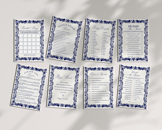 Blue Talavera Bridal Shower Games Set Printable Template, Spanish Tile Mexican Couples Shower Fiesta, Papel Picado Bridal Brunch WP1018