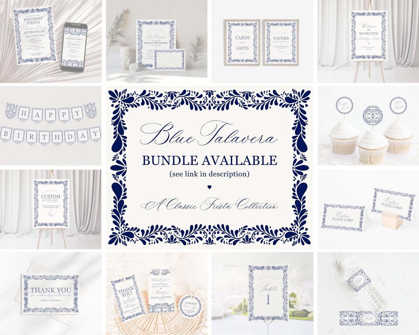 Blue Talavera Bridal Shower Games Set Printable Template, Spanish Tile Mexican Couples Shower Fiesta, Papel Picado Bridal Brunch WP1018