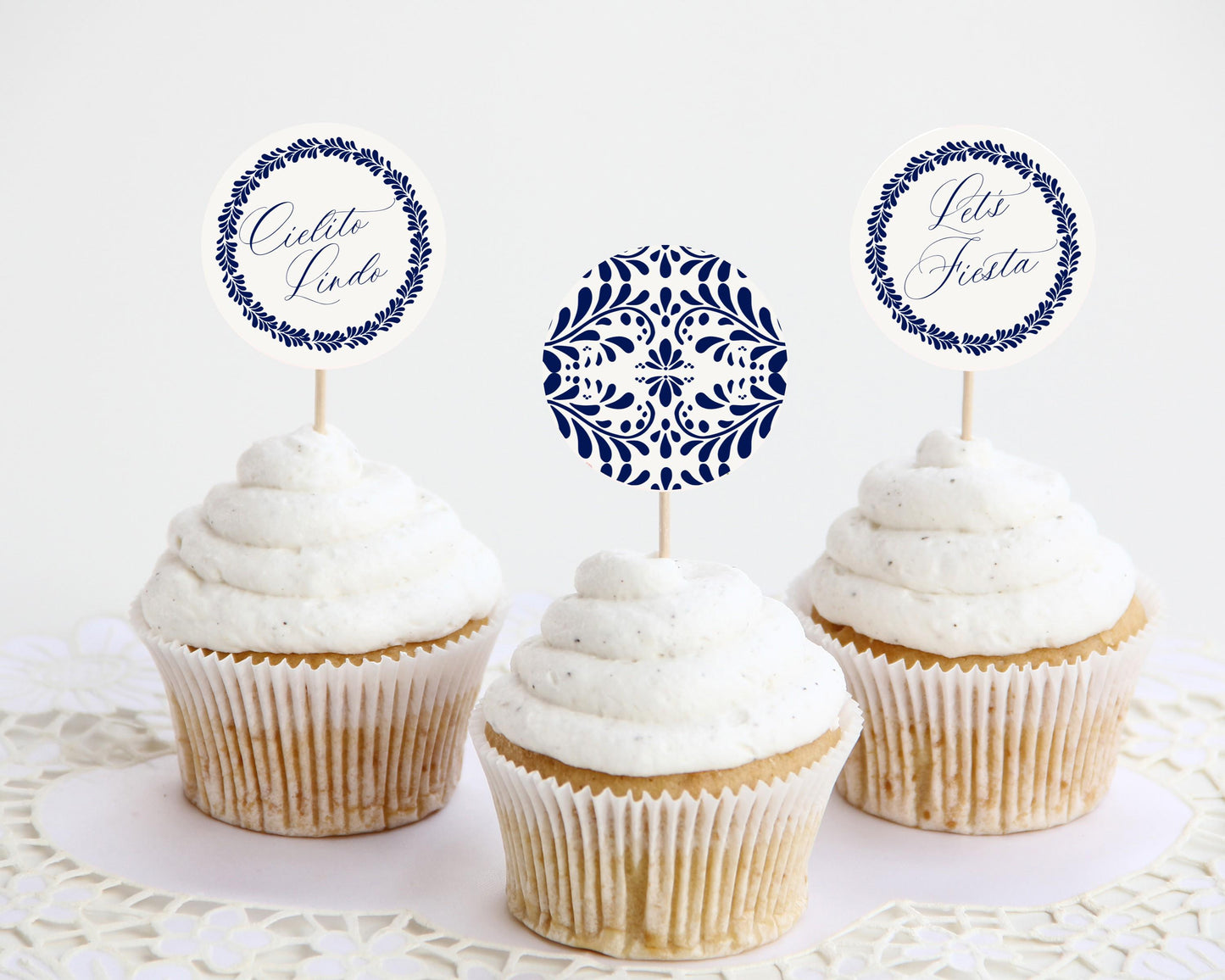 Blue Talavera Cupcake Toppers Printable Template, Spanish Tile Bridal Shower Decor, Mexican Baby Shower Fiesta WP1018