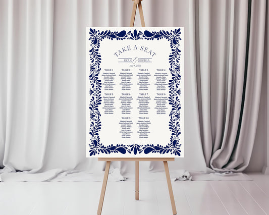 Blue Talavera Wedding Seating Chart Printable Template, Spanish Tile Party, Mexican Baby Shower Fiesta Girl, Bridal Shower Decor WP1018