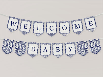 Blue Talavera Baby Shower Banner Printable Template, Spanish Tile Mexican Baby Fiesta, Gender Neutral Baby Sprinkle Cielito Lindo WP1018