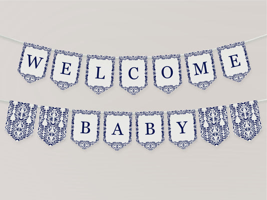 Blue Talavera Baby Shower Banner Printable Template, Spanish Tile Mexican Baby Fiesta, Gender Neutral Baby Sprinkle Cielito Lindo WP1018