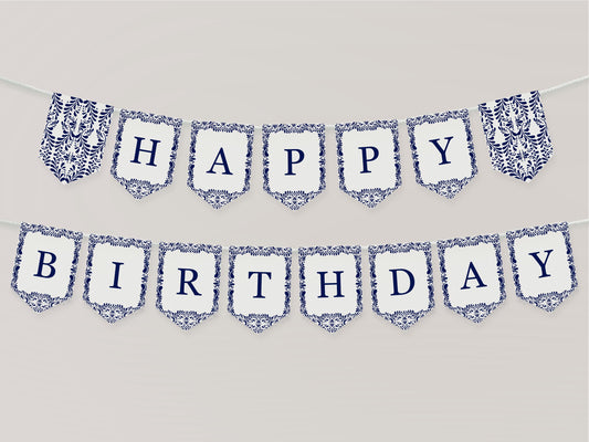 Blue Talavera Happy Birthday Banner Printable Template, Spanish Tile Mexican Birthday Fiesta, Gender Neutral Cielito Lindo WP1018