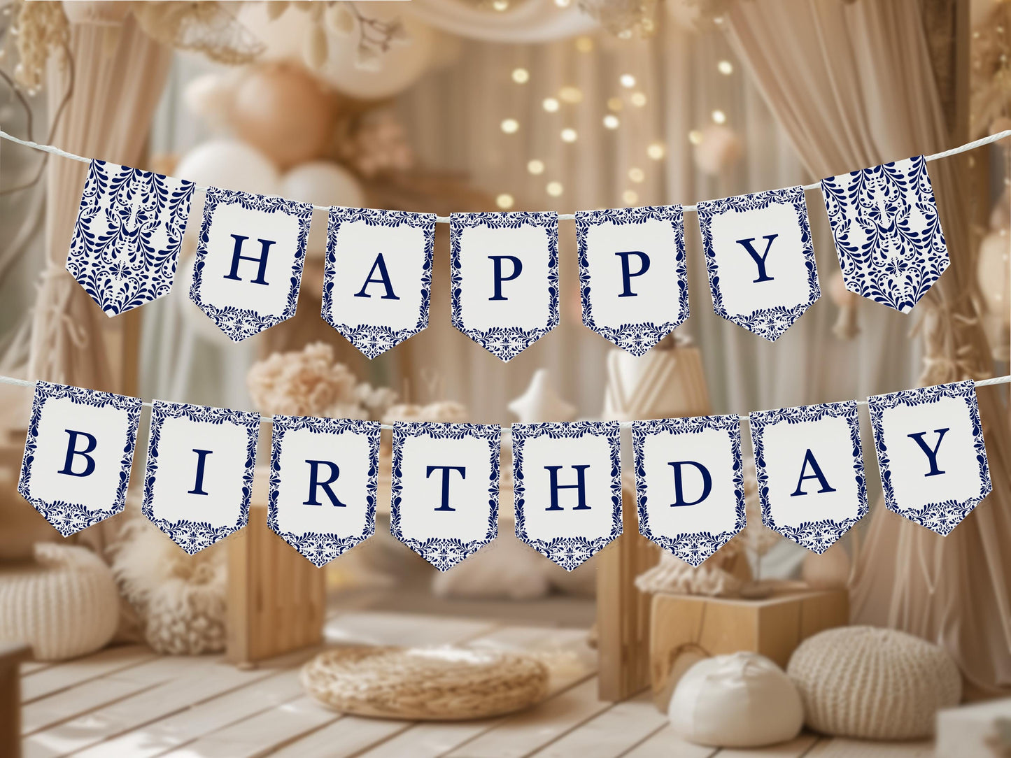 Blue Talavera Happy Birthday Banner Printable Template, Spanish Tile Mexican Birthday Fiesta, Gender Neutral Cielito Lindo WP1018