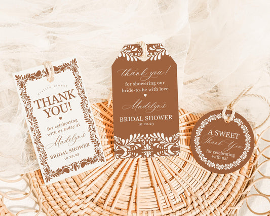 Clay Talavera Bridal Shower Favor Tags Template, Burnt Orange Spanish Tile Mexican Couples Shower Fiesta, Terracotta Bridal Brunch WP1019