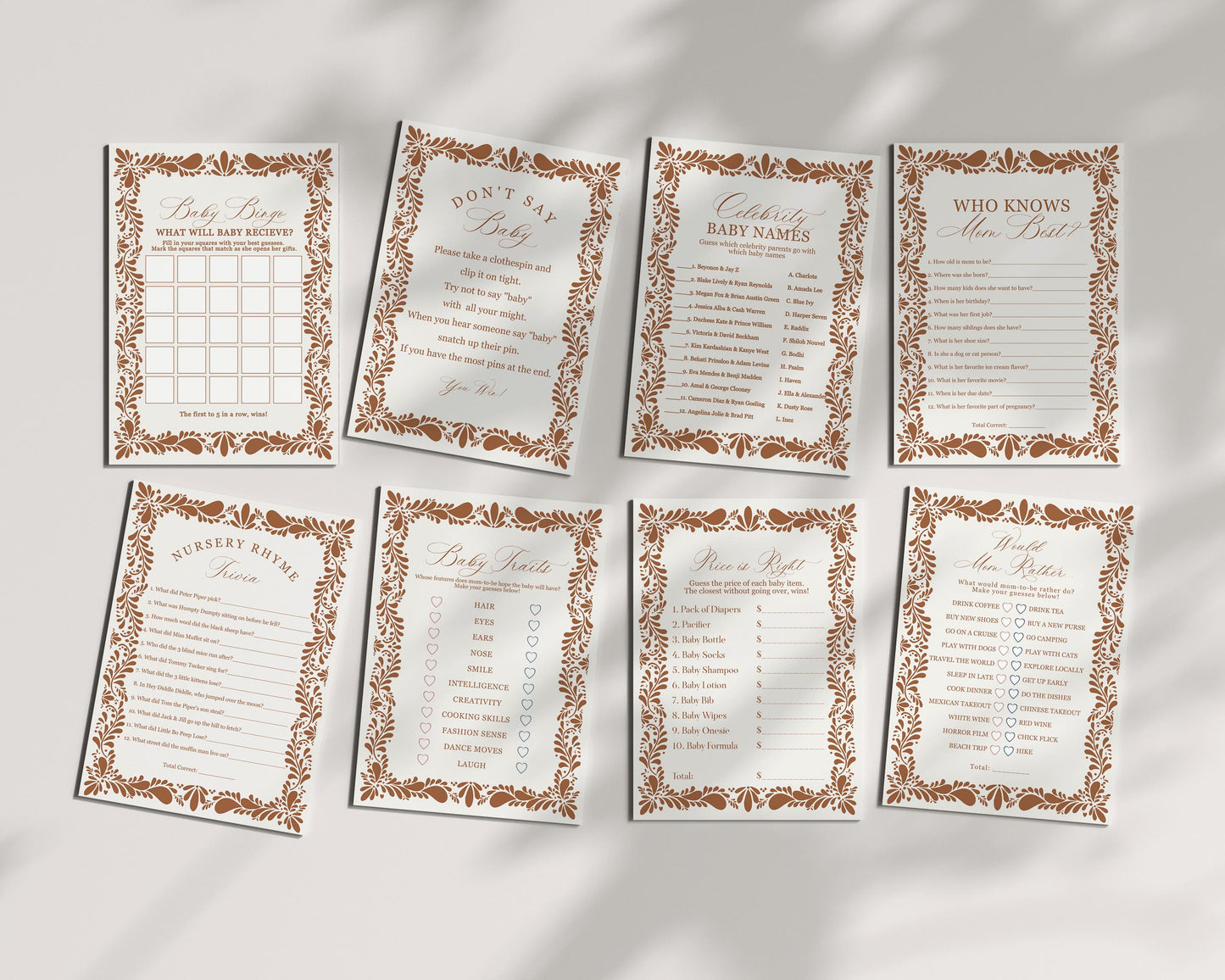 Clay Talavera Baby Shower Games Set Template, Burnt Orange Spanish Tile Mexican Fiesta, Terracotta Baby Sprinkle Cielito Lindo WP1019