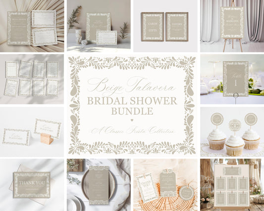 Beige Talavera Bridal Shower Printable Template Bundle, Neutral Spanish Tile Mexican Couples Shower Fiesta Papel Picado Bridal Brunch WP1020