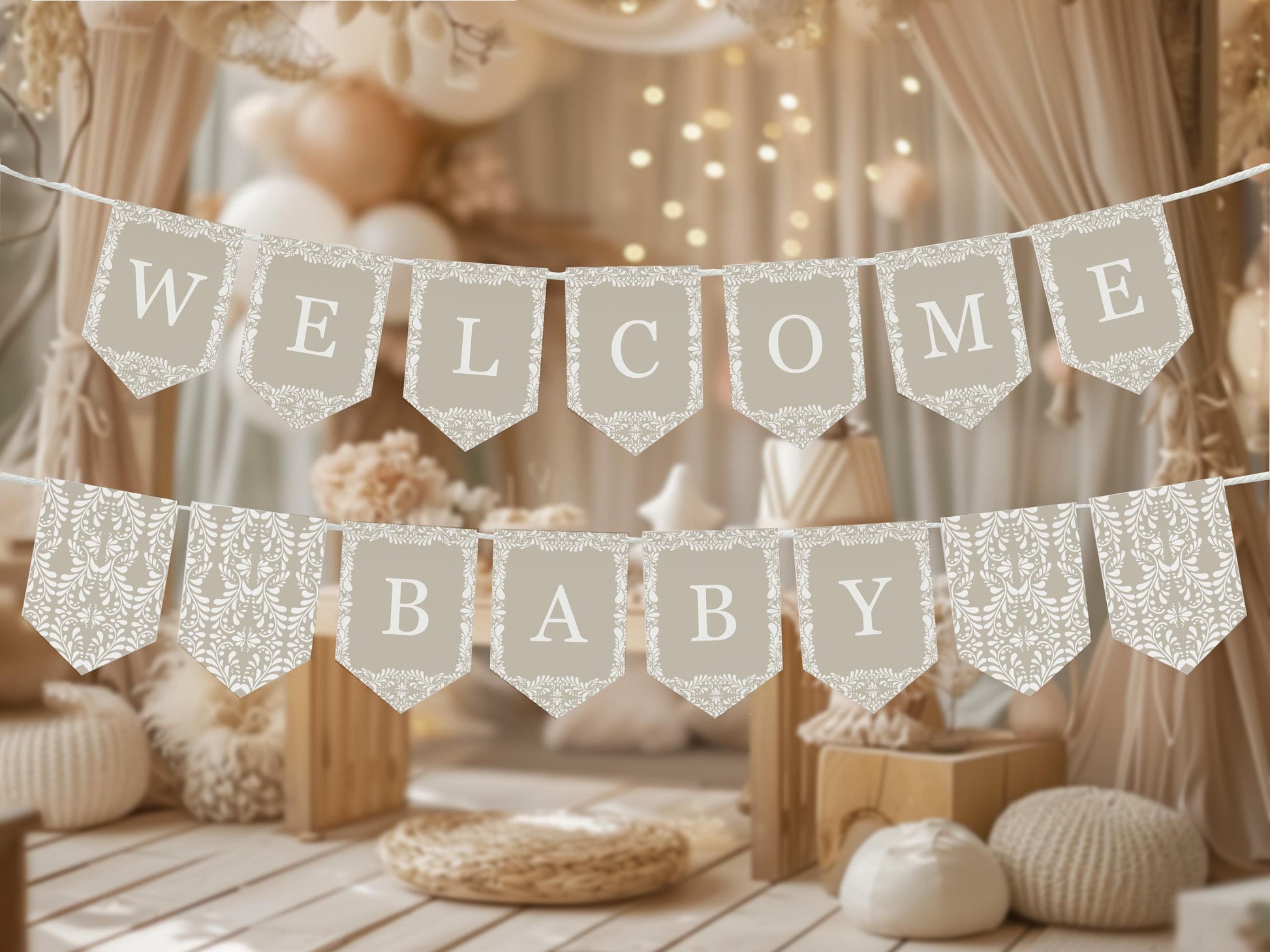 Beige Talavera Baby Shower Banner Printable Template, Gender Neutral Spanish Tile Mexican Baby Fiesta Cielito Lindo Baby Sprinkle WP1020