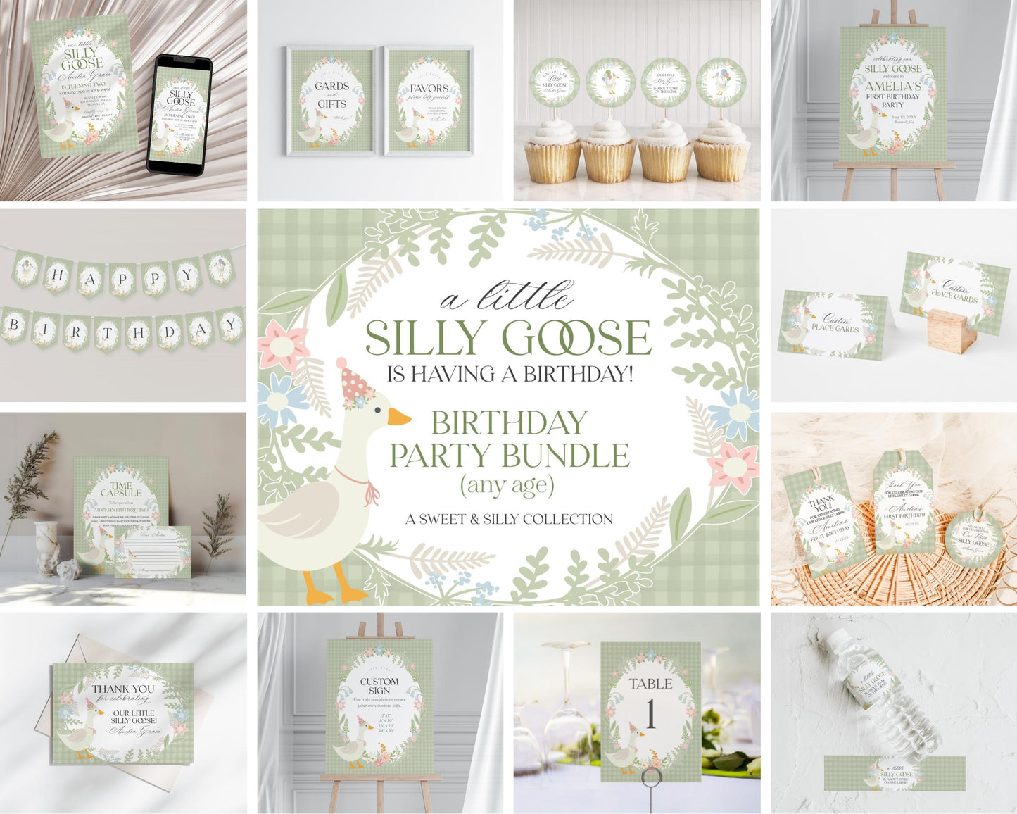 Green Floral Silly Goose Birthday Bundle Printable Template, Little Duck Theme Baby Shower Girl, Pastel Floral Gingham Baby Sprinkle WP1024