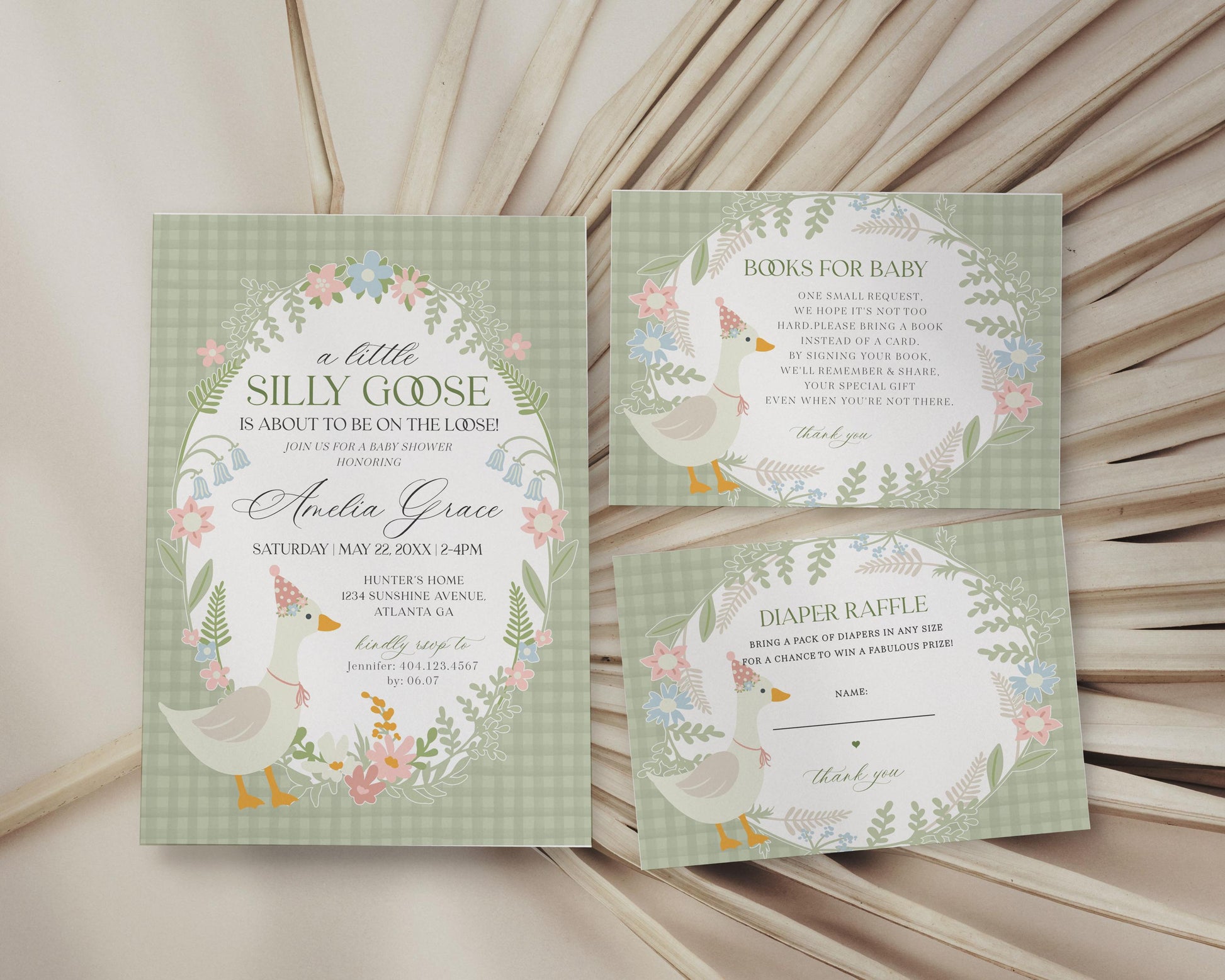 Green Floral Silly Goose Baby Shower Invitation Printable Template, Little Duck Theme Shower Girl, Pastel Gingham Baby Sprinkle WP1024