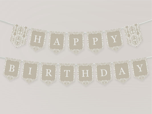 Beige Talavera Happy Birthday Banner Printable Template, Neutral Spanish Tile Mexican Birthday Fiesta, Papel Picado Birthday Decor WP1020