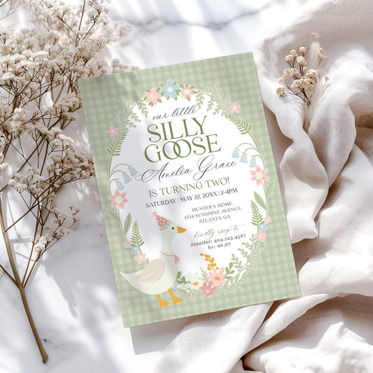 Green Floral Silly Goose Birthday Invitation Printable Template, Little Duck Theme Birthday Girl, Pastel Sage Gingham Birthday WP1024