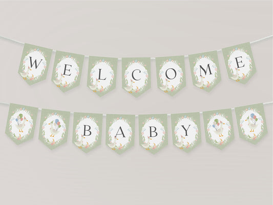 Green Floral Silly Goose Baby Shower Banner Printable Template, Little Lucky Duck Theme Shower Girl, Pastel Gingham Baby Sprinkle WP1024