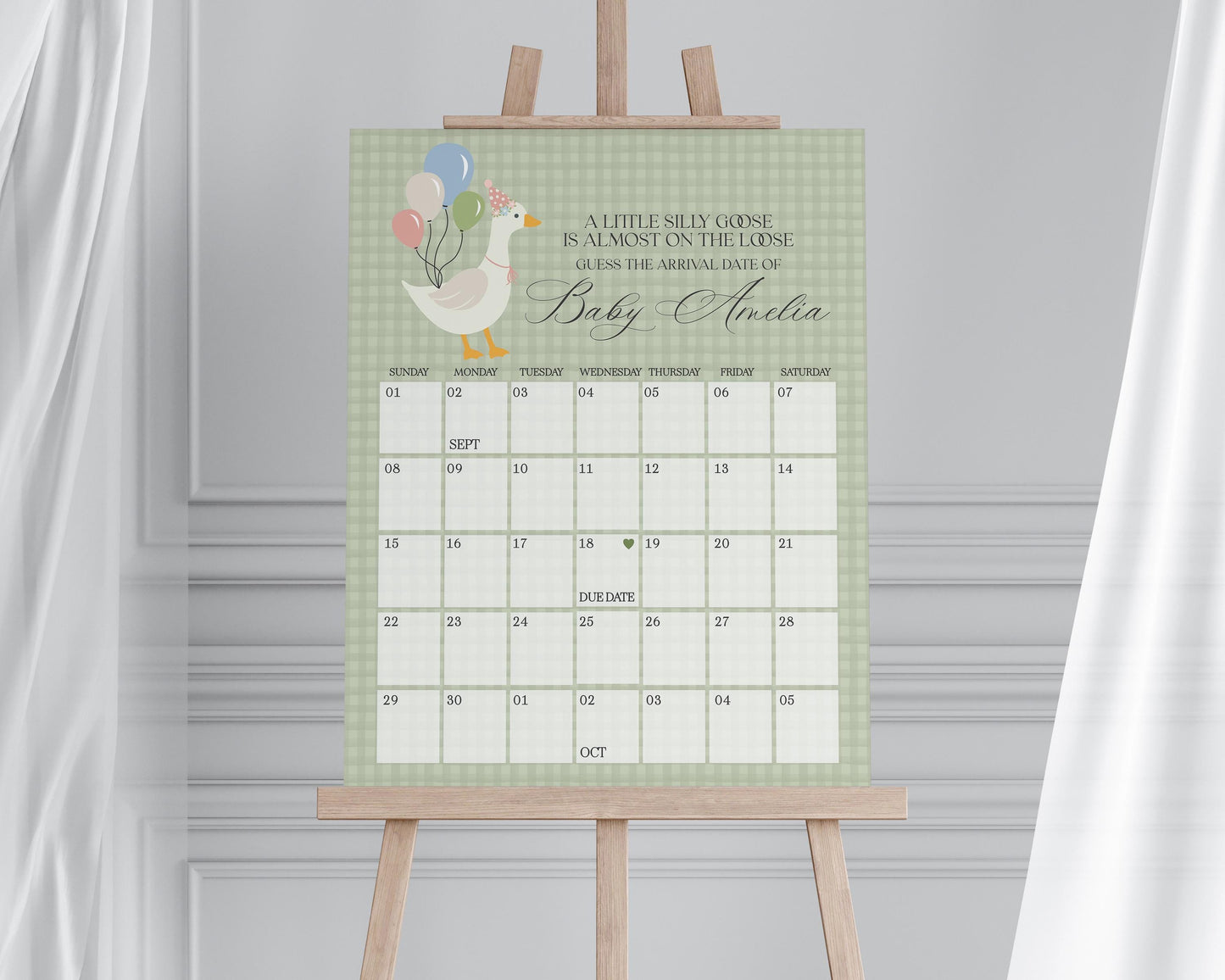 Green Floral Silly Goose Baby Shower Guess the Date Game Template, Little Duck Theme Shower Girl, Pastel Sage Gingham Baby Sprinkle WP1024