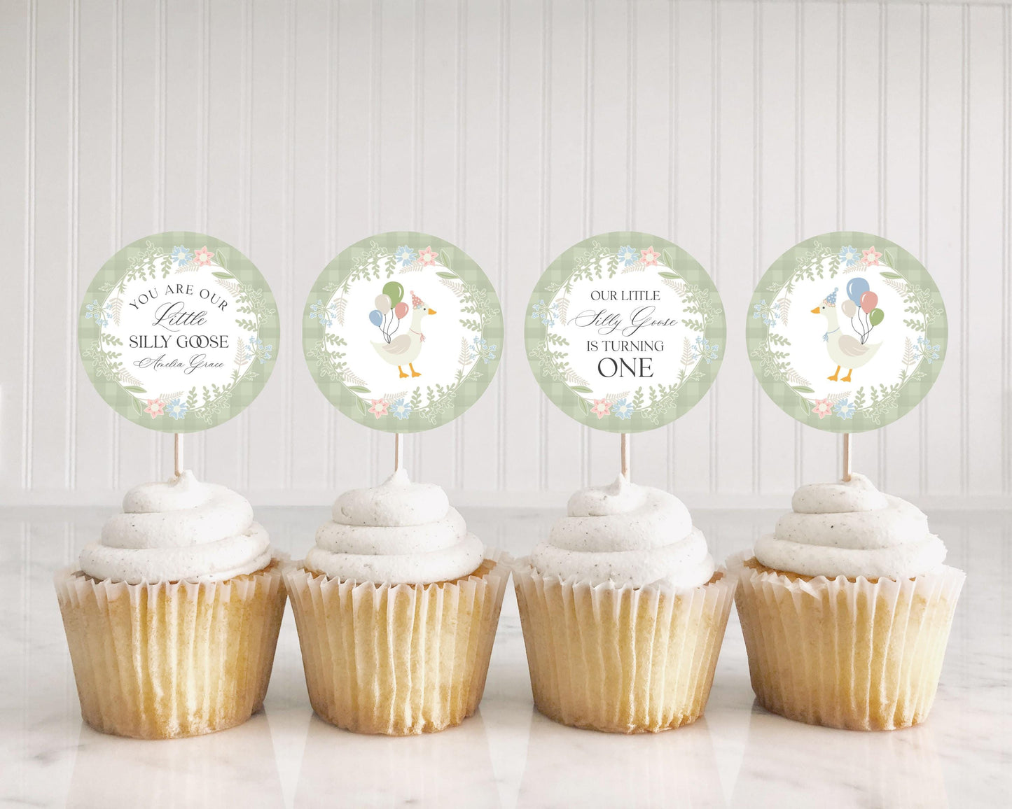 Green Floral Silly Goose Birthday Cupcake Toppers Template, Little Duck Theme 1st Birthday Girl, Pastel Sage Gingham Birthday Decor WP1024