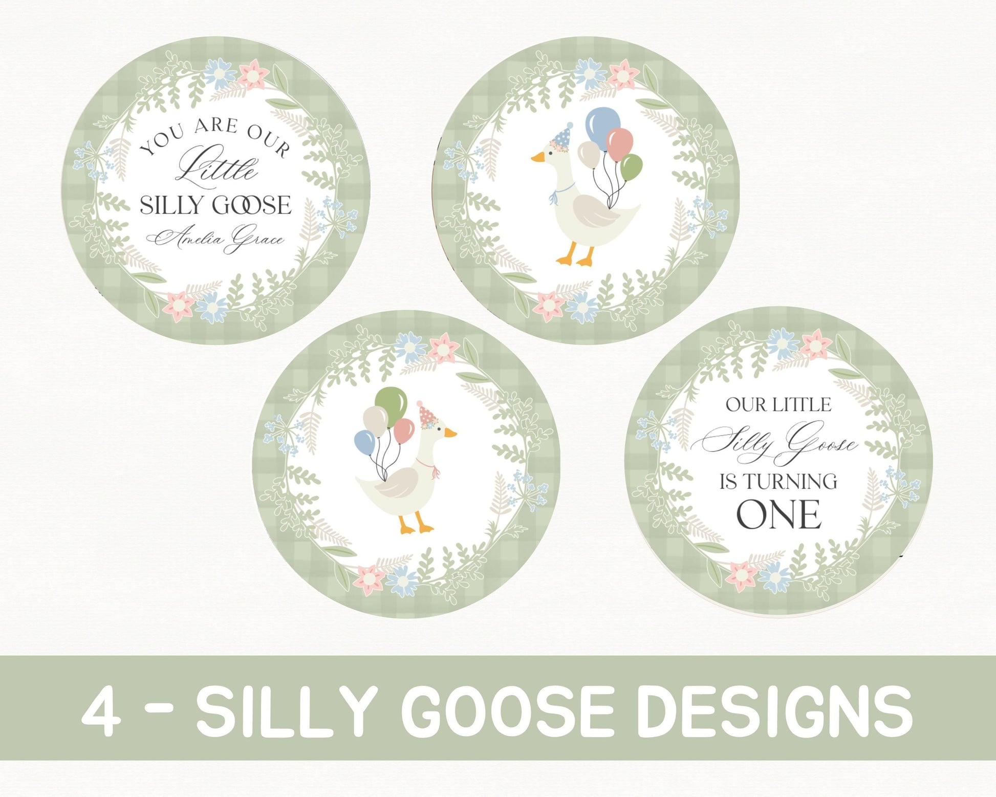 Green Floral Silly Goose Birthday Cupcake Toppers Template, Little Duck Theme 1st Birthday Girl, Pastel Sage Gingham Birthday Decor WP1024