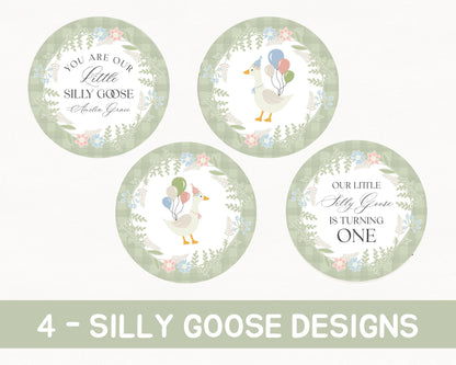 Green Floral Silly Goose Birthday Cupcake Toppers Template, Little Duck Theme 1st Birthday Girl, Pastel Sage Gingham Birthday Decor WP1024