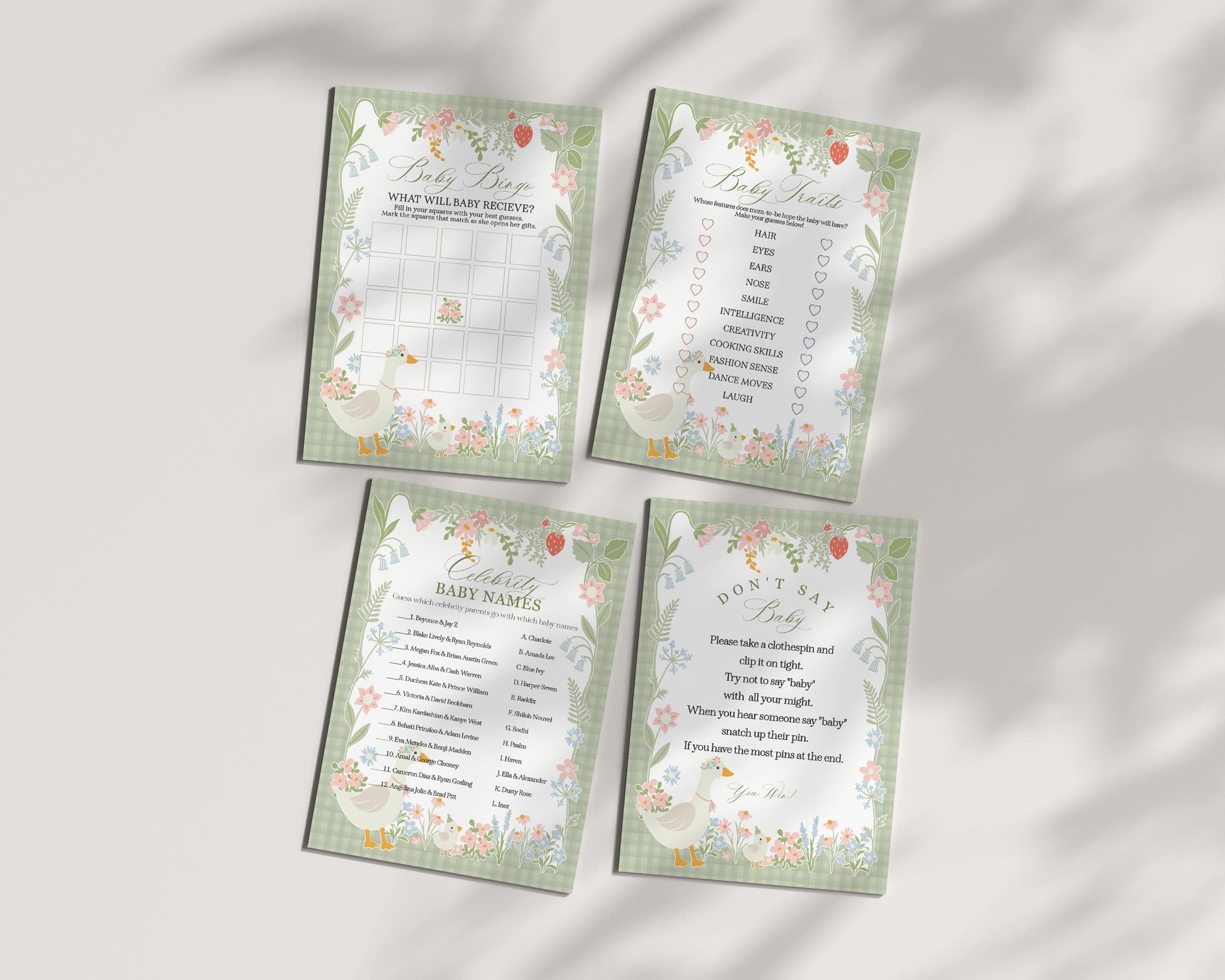 Green Floral Silly Goose Baby Shower Games Printable Template, Little Duck Theme Baby Shower Girl, Pastel Sage Gingham Baby Sprinkle WP1024