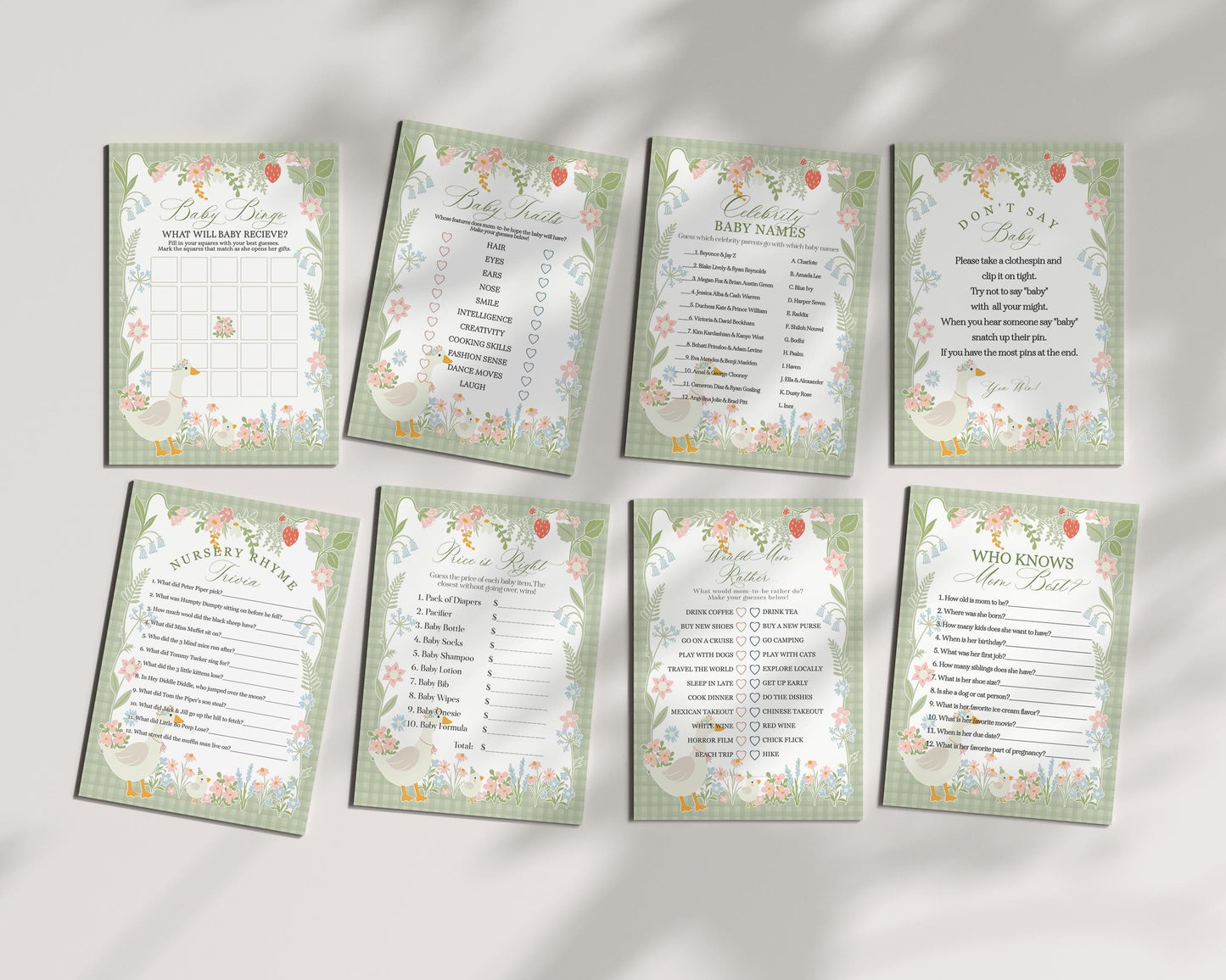 Green Floral Silly Goose Baby Shower Games Printable Template, Little Duck Theme Baby Shower Girl, Pastel Sage Gingham Baby Sprinkle WP1024