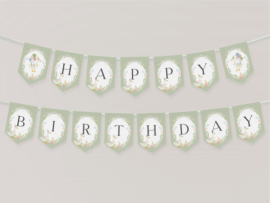 Green Floral Silly Goose Happy Birthday Banner Printable Template, Little Duck Theme Birthday Girl, Pastel Gingham Birthday Party WP1024