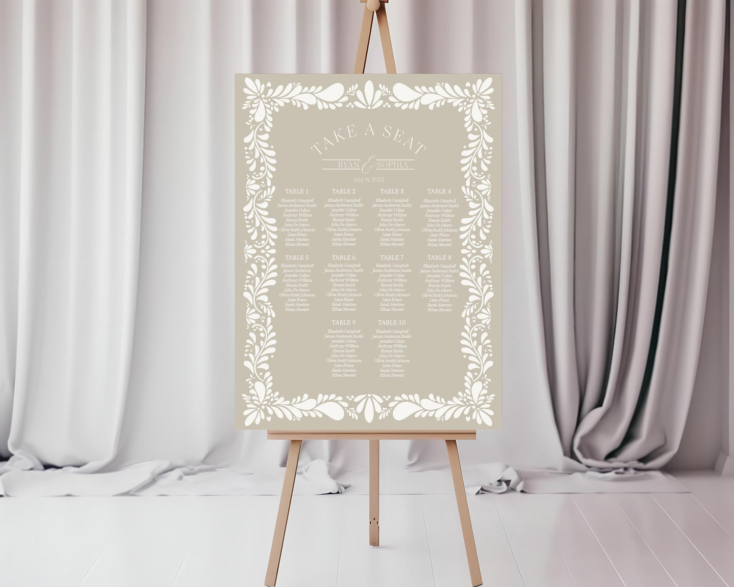 Beige Talavera Wedding Seating Chart Cards Template, Neutral Spanish Tile Wedding, Mexican Baby Shower Fiesta, Bridal Shower Decor WP1020