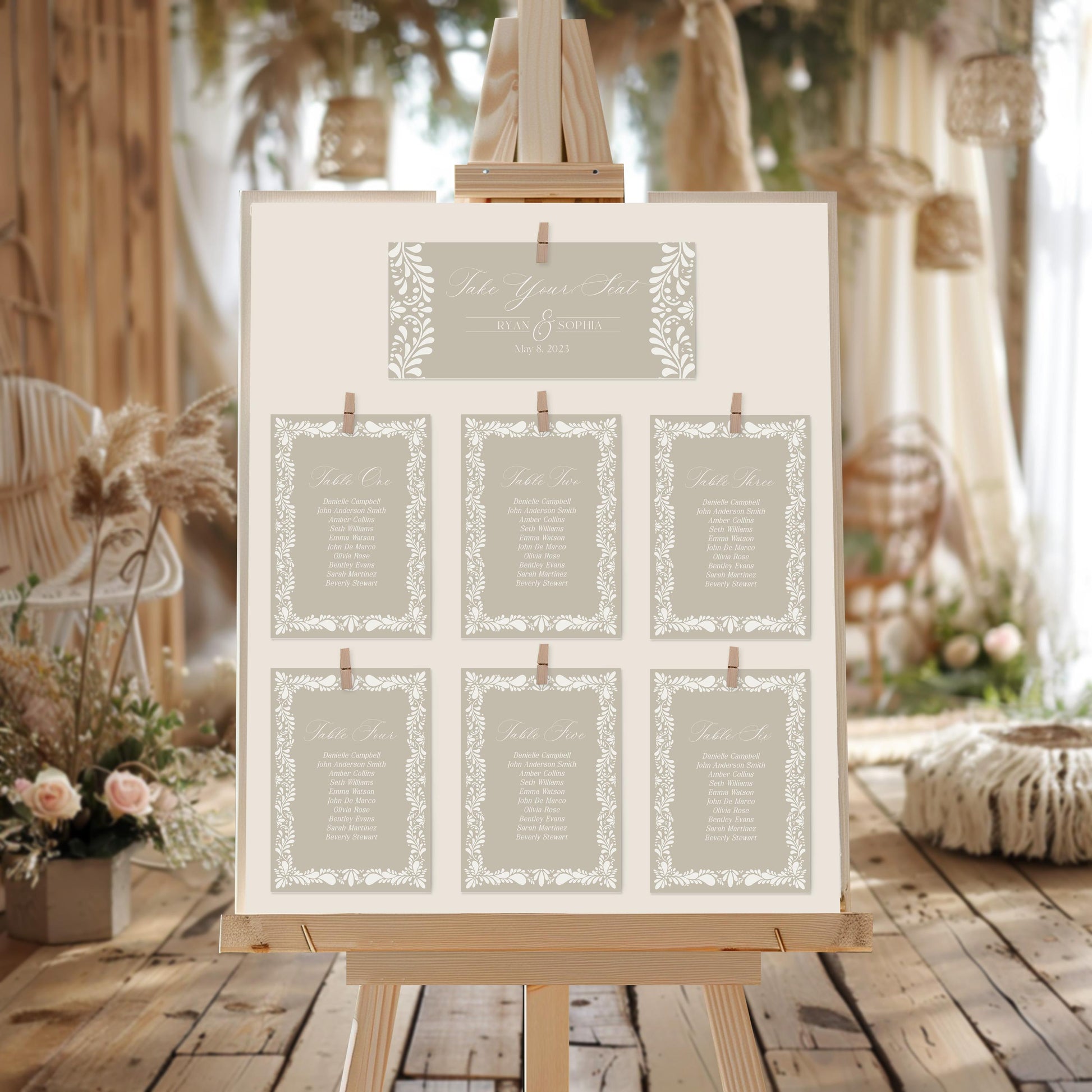 Beige Talavera Wedding Seating Chart Cards Template, Neutral Spanish Tile Wedding, Mexican Baby Shower Fiesta, Bridal Shower Decor WP1020