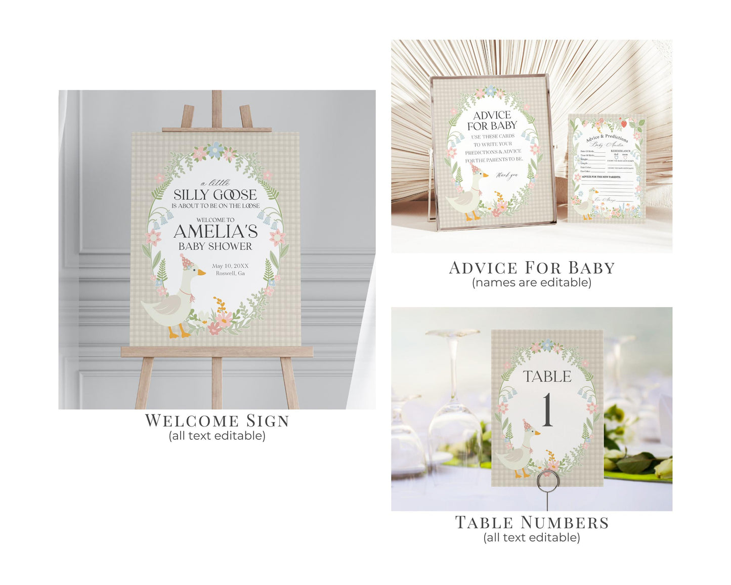 Beige Floral Silly Goose Baby Shower Bundle Printable Template, Little Duck Theme Shower Girl, Pastel Floral Gingham Baby Sprinkle WP1025