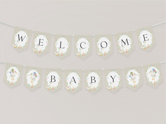 Beige Floral Silly Goose Baby Shower Banner Printable Template, Little Lucky Duck Theme Shower Girl, Pastel Gingham Baby Sprinkle WP1025