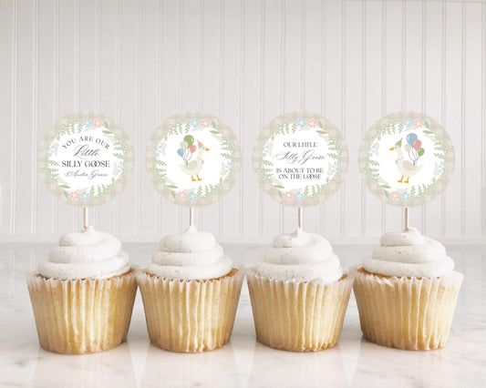 Beige Floral Silly Goose Baby Shower Cupcake Toppers Template, Little Duck Theme Baby Shower Girl, Pastel Gingham Baby Sprinkle WP1025