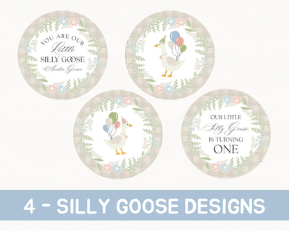 Beige Floral Silly Goose Birthday Cupcake Toppers Template, Little Duck Theme 1st Birthday Girl, Pastel Floral Gingham Birthday Decor WP1025