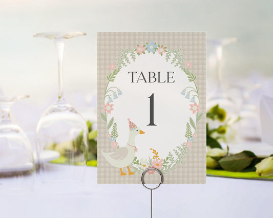 Beige Floral Silly Goose Table Number Cards Printable Template, Little Duck Theme Girl Birthday, Pastel Gingham Baby Shower Sprinkle WP1025