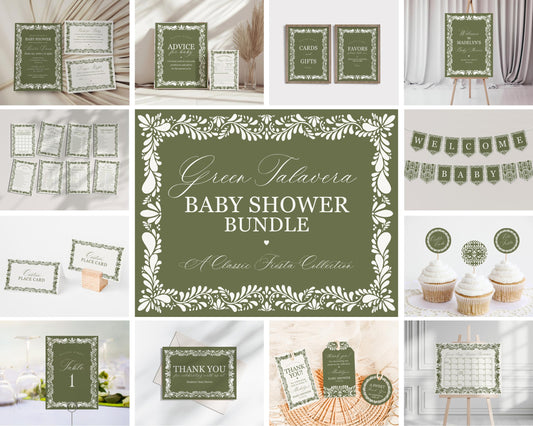 Green Talavera Baby Shower Printable Bundle, Olive Spanish Tile Mexican Baby Shower Fiesta, Terracotta Baby Sprinkle Cielito Lindo WP1021