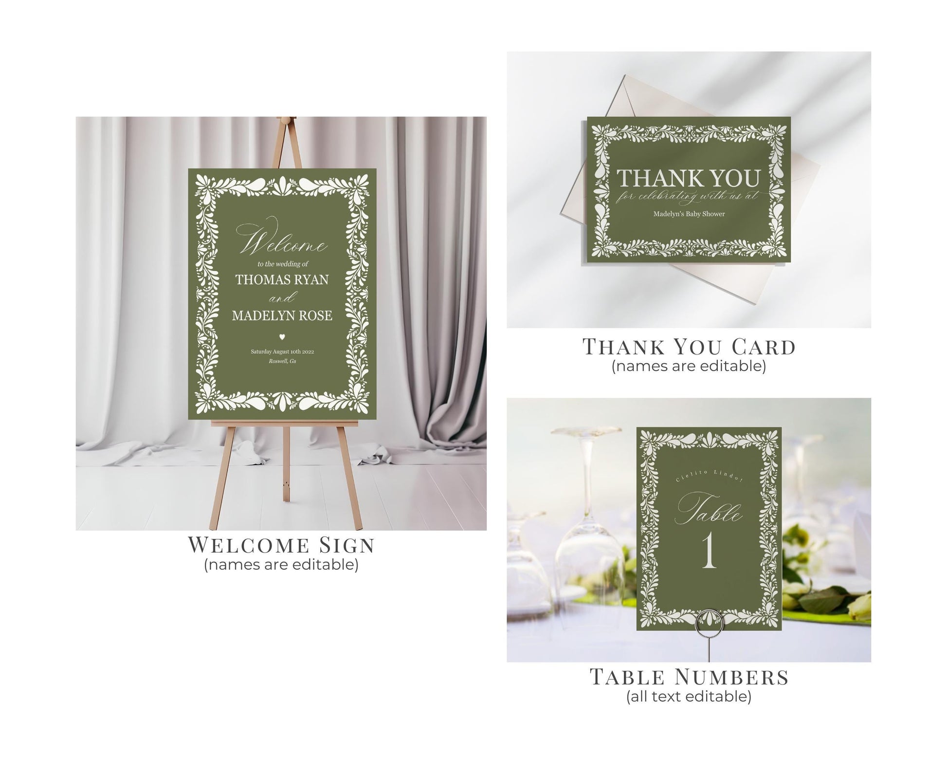 Green Talavera Wedding Decor Printable Template Bundle, Olive Spanish Tile Wedding Ceremony Decor, Mexican Fiesta Wedding Decor WP1021