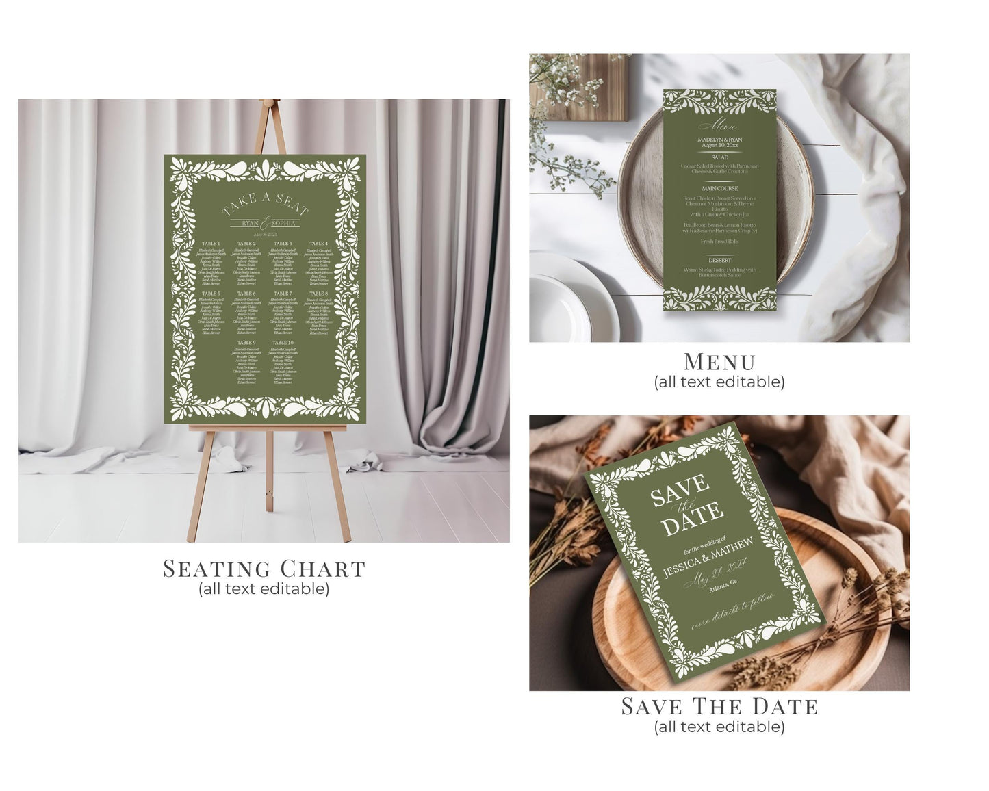 Green Talavera Wedding Decor Printable Template Bundle, Olive Spanish Tile Wedding Ceremony Decor, Mexican Fiesta Wedding Decor WP1021