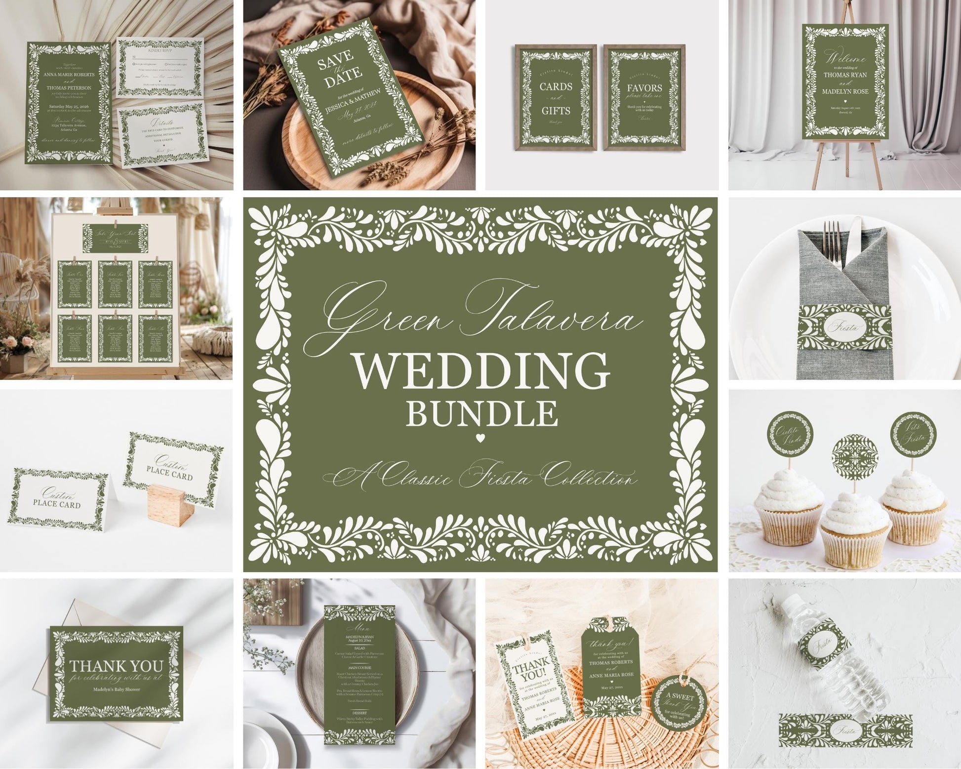 Green Talavera Wedding Decor Printable Template Bundle, Olive Spanish Tile Wedding Ceremony Decor, Mexican Fiesta Wedding Decor WP1021