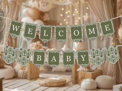 Green Talavera Baby Shower Banner Printable Template, Olive Spanish Tile Mexican Baby Fiesta, Terracotta Baby Sprinkle Cielito Lindo WP1021