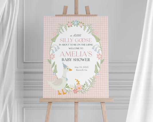 Pink Floral Silly Goose Baby Shower Welcome Sign Printable Template, Little Duck Theme Shower Girl, Pastel Gingham Baby Sprinkle WP1022