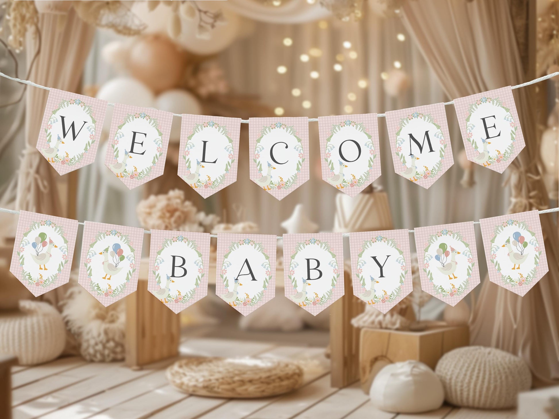 Pink Floral Silly Goose Baby Shower Banner Printable Template, Little Lucky Duck Theme Shower Girl, Pastel Gingham Baby Sprinkle WP1022