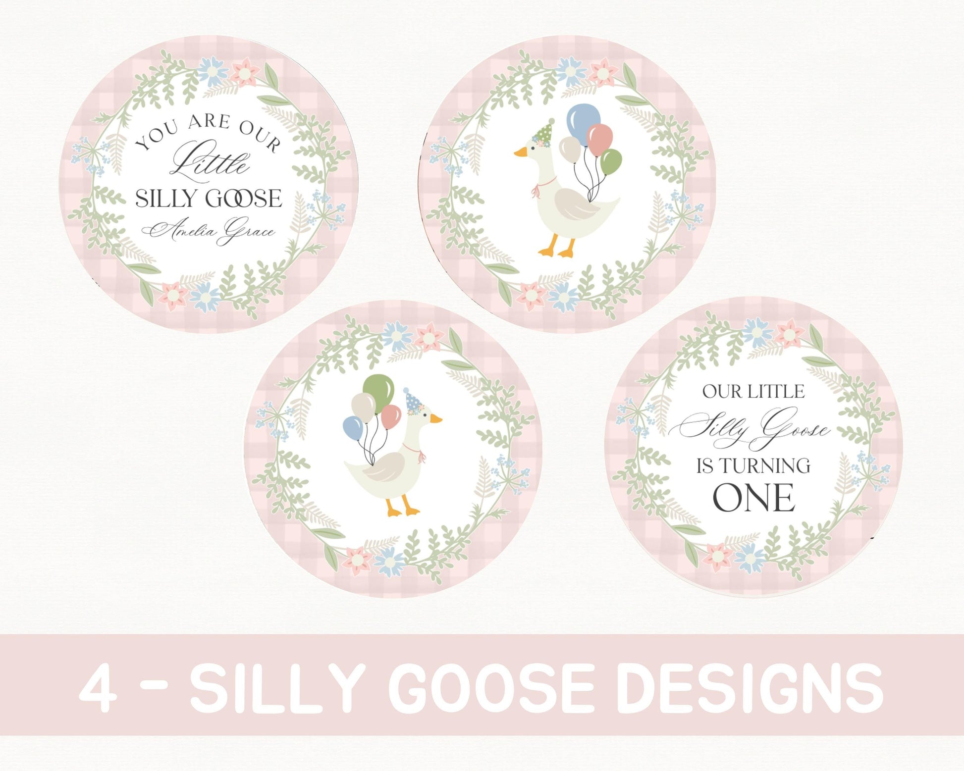 Pink Floral Silly Goose Birthday Cupcake Toppers Template, Little Duck Theme 1st Birthday Girl, Pastel Floral Gingham Birthday Decor WP1022