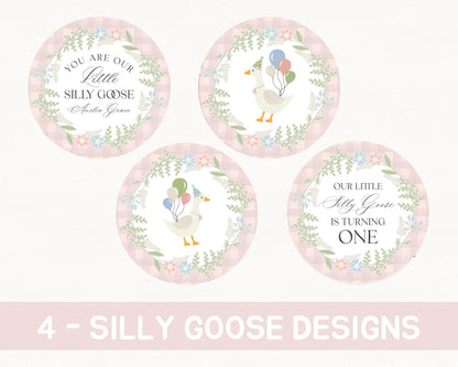 Pink Floral Silly Goose Birthday Cupcake Toppers Template, Little Duck Theme 1st Birthday Girl, Pastel Floral Gingham Birthday Decor WP1022