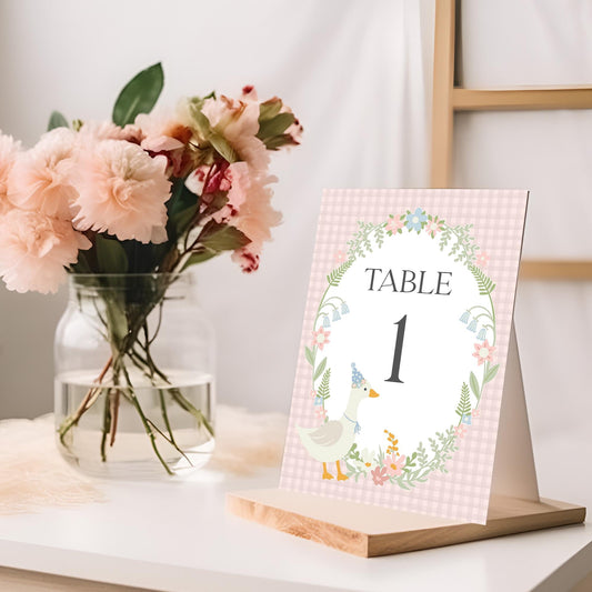 Pink Floral Silly Goose Table Number Cards Printable Template, Little Duck Theme Girl Birthday, Pastel Gingham Baby Shower Sprinkle WP1022