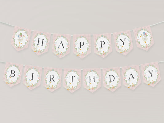 Pink Floral Silly Goose Happy Birthday Banner Printable Template, Little Duck Theme Birthday Girl, Pastel Gingham Birthday Party WP1022